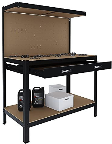 Banco Tavolo Da Lavoro Con Cassetto e Parete Pannello Forato A 3 Livelli Con Piano 120 x 60 Cm Porta Attrezzi Utensili Ideale Officina Garage Cantina Magazzino Capannone Nero Portata Fino a 370 Kg