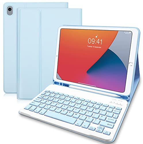 Lielax Keyboard Case for iPad 10.2 Inch 2021, Protective Case with Pencil Holder and Detachable Wireless Keyboard (UK Layout) for iPad Case 9th Generation/8th Gen/7th/Air 3/ Pro 10.5 (Blue)