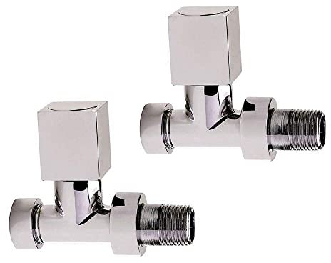 Chrome Straight Radiator Valves Square Modern Radiator Valves Pair of 15mm x 1/2 (Set of 2) for Heated Towel Rails & Central Heating Radiators Chrome Radiator Valve Set