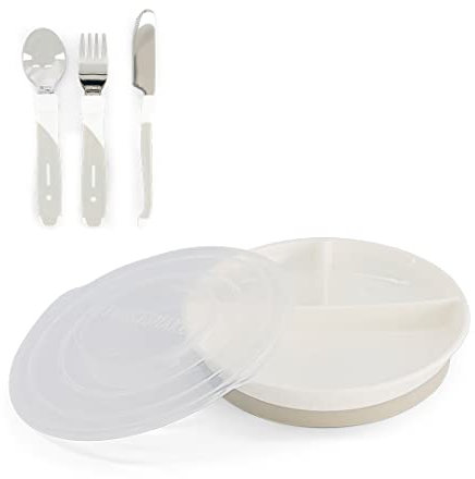Twistshake Set De Vajilla Para Bebé | Plato Dividido + Cubiertos De Acero Inoxidable 12m+ | Sin BPA | Kit De Entrenamiento De Alimentación Para Niños | Blanco
