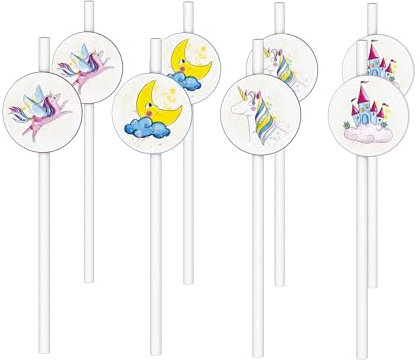 CAM ET LEON - Accessoires Décoration d’Anniversaire Enfant - Thème Licornes - Assiettes, Gobelets, Serviettes, Confettis, Sachets, Cartes d’Invitation (Paille x8)