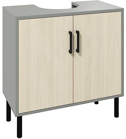 kleankin Mobile Bagno Sottolavabo con Doppia Anta e Ripiano in Truciolato, Mobiletto da Bagno per Lavabi con o Senza Colonna, 60x30x60cm, Grigio e Color Quercia