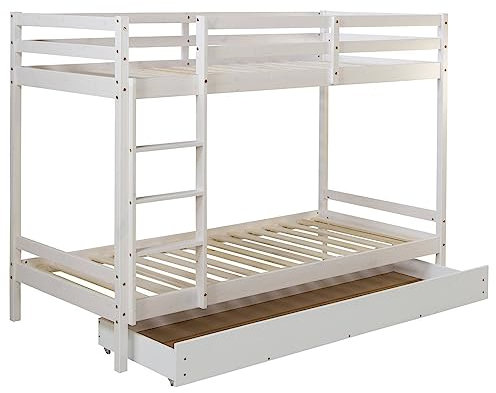 Homestyle4u 2502, Etagenbett 90x200 Holz 2 Kinder inklusive Bettkasten & 2 Matratzen Hochbett Kinderbett Weiß Kiefer