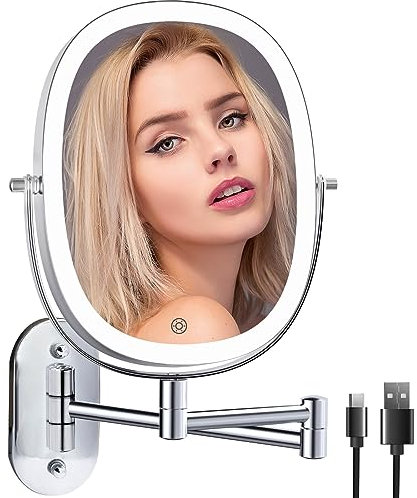 FUNTOUCH Espejo de Maquillaje Recargable con Aumento 1X/10 X, iluminación LED, Espejo de Afeitar Regulable, 3 Colores, Espejo de Maquillaje táctil, Giratorio 360°, Espejo de Pared para baño y Hotel