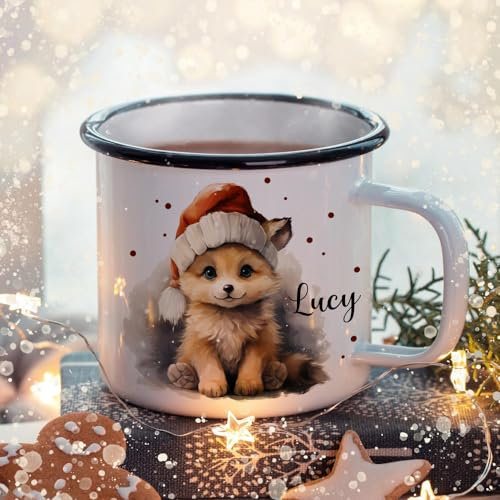 Emaille Becher Camping Tasse Winter Winterzeit Fuchs mit Mütze Wunschname Name Kaffeetasse Geschenk Weihnachten eb717 - ausgewählte Größe: *schwarzer Becherrand*