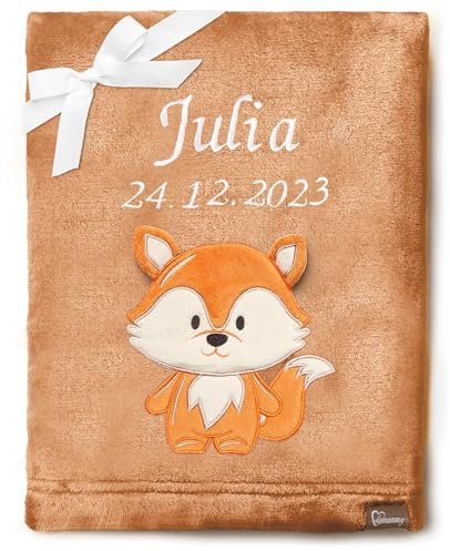 Be Mammy Personalisierte Babydecke mit 3D Applikation Warme Kuscheldecke mit Namen und Geburtsdatum; Perfektes Baby Geschenk; Blanket; Krabbeldecke BE20-280 (Braun - Fuchs)