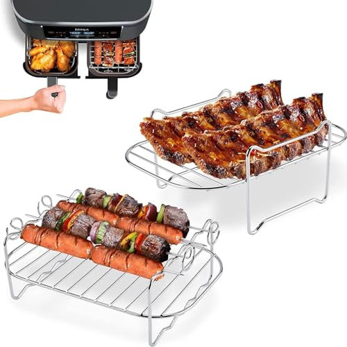 Anttyscar Air Fryer Racks for Ninja Dual, 2pcs Dehydrator Rack with 4 Skewers, Air Fryer AF300UK AF400UK Accessories, Grilling Rack for Ninja/Instant/Saltert/EMtronics Double Drawer Fryer