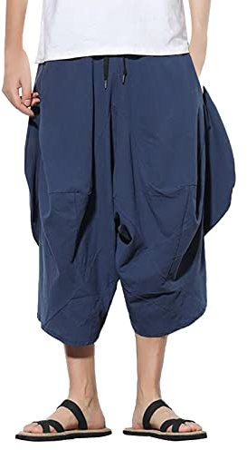 WLHBF Amazon Warehouse Deal Herren Designer Chino Hose Herren Baumwolle Leinen Caprihose Baggy Haremshose Kordelzug Yoga Strandhose (Navy, L)