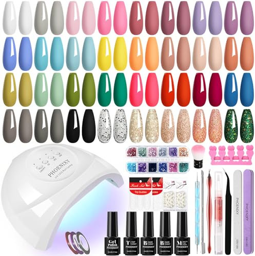 Phoenixy Gel Nail Kit, 36Pcs Gel Nail Polish Set with 48W Lamp Starter Kit 32 Colours Nail Polishes with Base Top Matte Coat DIY Nail Art Gift for Women