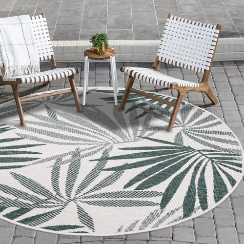 payé In- & Outdoor-Teppich - Grün Creme - 120x120cm Rund - Wendeteppich - Florales Muster - Wetterbeständig für Balkon Terrasse - Indoor Teppiche Wohnzimmer Küche