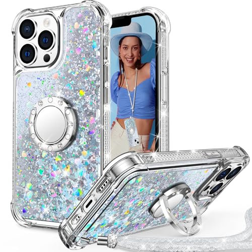 Unlicaku for iPhone 12 Pro Max Case, with Ring Women Girls Bling Holographic Sparkle Glitter Cute Case, Diamond Ring Protective Phone Case for iPhone 12 Pro Max - Clear Silver