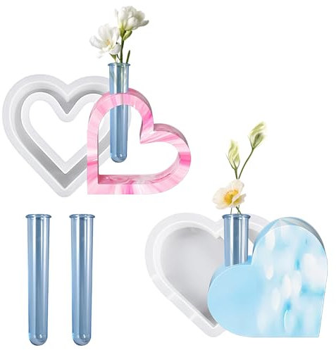 ZMDMAH Stampo per Vaso In Resina, A Forma di Cuore Stampo In Resina Epossidica, Stampo per Vaso In Silicone, Stampi In Silicone per Resina, Stampo In Resina con 2 Pz Provette per Piante Idroponiche