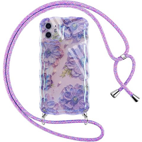 Xylota Funda Cuerda para iPhone 11 6,1, Aesthetic Dibujos Colorida Flores Carcasa con Cordon Correa Colgante, Glitter Marco Ondulado Case Suave TPU Silicona Antigolpes Protectora Mujer Niñas Cover,01
