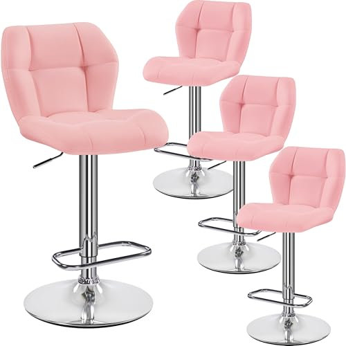 Yaheetech Barhocker 4er Set Höhenverstellbar 360°Drehbar Barstühle Küchenstühle mit Rückenlehne und Fußstütze, Barstuhl PU-Kunstleder Sitzhöhe 62,5 cm - 84,5 cm für die Küche, Rosa