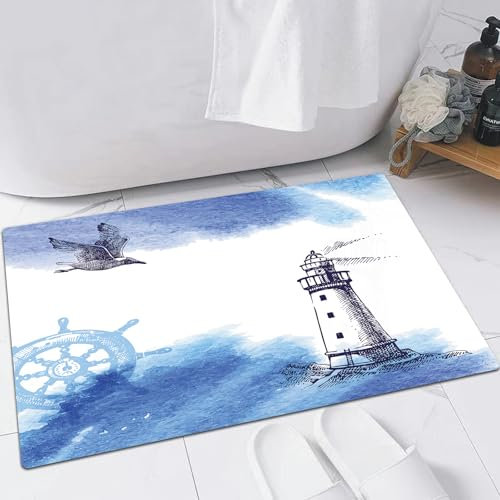 EMFSLA rutschfest Badezimmer Badeteppiche,Weich Hochflor Saugfähig Badvorleger Waschbar Flauschige Mikrofaser Badematte,Meerblick-Leuchtturm am Horizont mit Einer Möwe. Vektorillustration,40x60 cm