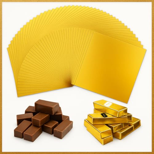 Lot de 100 emballages de chocolat dorés - 20 x 20 cm - Jetables - Feuille d'aluminium pour aliments avec dos épais - Emballage sûr pour Noël, mariage, anniversaire
