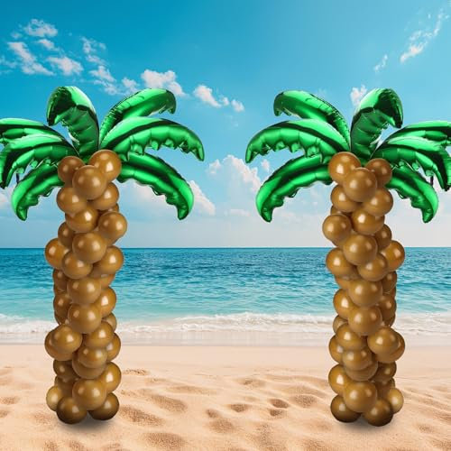 Palmier Ballons Hawaïens Fête D'été, 10 Pièces Ballons en Aluminium Vert, 90 Pièces Ballon en Latex Marron, pour Anniversaire, Tropical Party, Plage Party, Hawaïenne Fête D'été