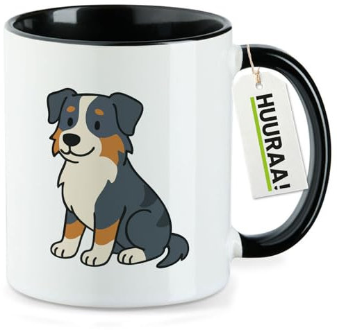 Huuraa Kaffeetasse Australian Shepherd Aussie Comic Geschenk 330ml Schwarz Australian Shepherd Präsent