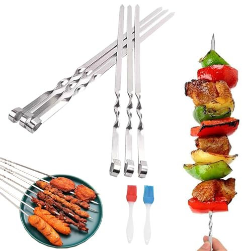 YongSral 20 Stück Schaschlikspieße Edelstahl, 40cm Grillspieße Edelstahl mit 2 Silikonbürste, Kebab Spieße, Schaschlikspieße, Metallspieße Grillen für Grillpartys im Freien und im Garten