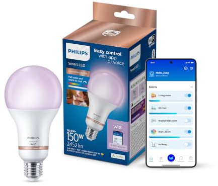 Philips Smart Lighting, Smart LED RGB A80 Lampe, E27-Sockel, 2452 lm, farbiges und einstellbares weißes Licht 2200–6500 K, niedrig dimmbar, kompatibel mit WiZ, Alexa, Google Home, Apple Home | Farbiges und stimmbares weißes Licht 2200-6500K, 2452LM, Smart LED, Low Dimming, Bluetooth App Steuerung, Smart Home