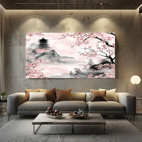 ZORYAN Tableau Decoration Murale Salon Fleur De Cerisier Japonais Décoration Murale Sans Cadre 70x140cm Rose Tableau Artistique pour Chambre Adulte, Peinture Décorative
