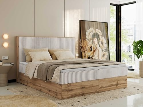MKS MEBLE Boxspringbett 200x200 mit Bettkasten Holz Holzrahmen, Boxbett mit Matratze H4 und Kopfteil - Beige Cord - Wood Classic mit Topper T25