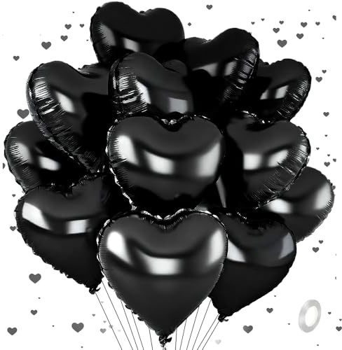 Black Balloons, Black Birthday Party Decorations, HSC 12 PCS 18 Inch Heart Foil Balloons, Reusable with Ribbon and Straws for Birthday Party, Anniversary, Celebration, Halloween