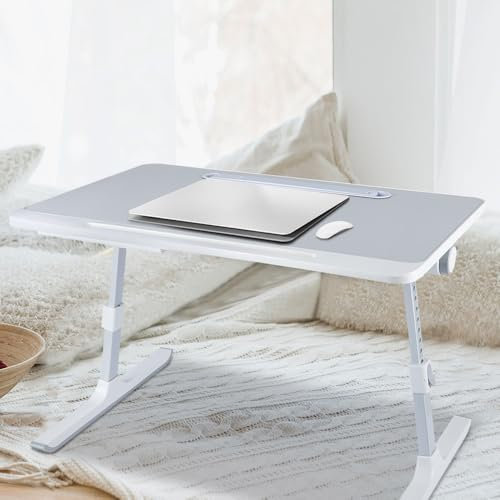 Support Ordinateur Portable Lit, Table de Lit avec Refroidisseur PC Portable, Support pour Tablette, Lapdesk Pliable,Réglable en Hauteur et Angle-60 * 40 * 27-40cm (Lampe de Table) Gris