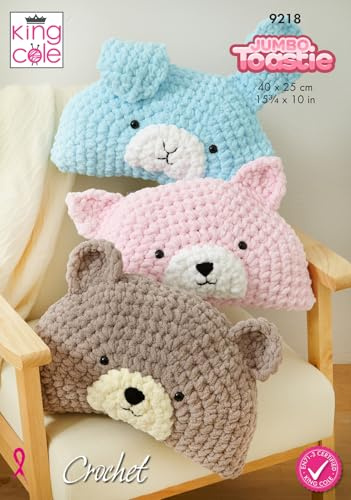 King Cole 9218 Crochet Pattern Animal Pillow Designs Bear Rabbit and Cat in Jumbo Toastie