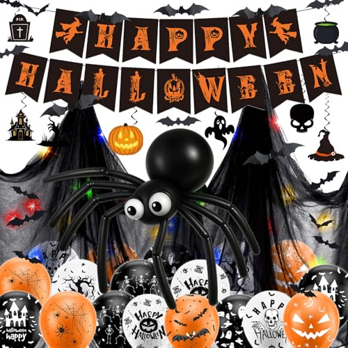 Halloween Deko Innen Set mit LED, Gruselige Party Dekoration mit Wiederverwendbarer Girlande, Ballons, Fledermäusen, Tischdecke & Spiralen | Indoor & Outdoor Party Deko für Kinder & Erwachsene