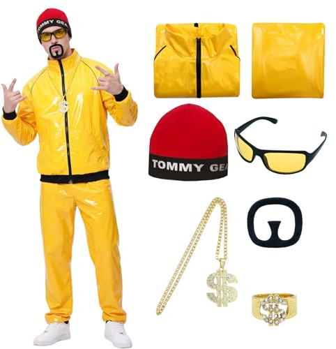 Antsparty 90er Rapper Celebrity Ali g Kostüm Erwachsene, 90er 80er Jahre Gelb Muschelanzug mit Halskette Brille Bart, 90er Jahre Faschingskostüm für Karneval Party Halloween Junggesellenabschied