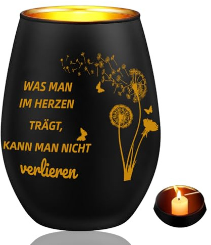 ElevaPulse Trauergeschenk Trauerlicht Windlicht mit Goldener Gravur Trauerkerzen mit Spruch “Was Man Im Herzen Trägt, Kann Man Nicht Verlieren“ Gedenkkerze Für Verstorbene Trauer Trostlicht 