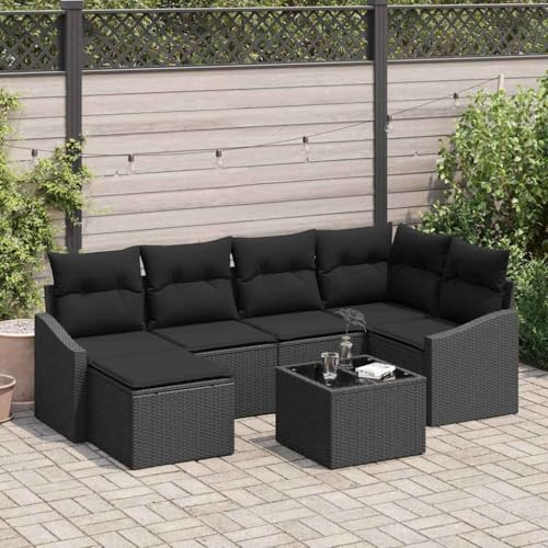 QJBSAVVA Gartensofa Set 7-Teilig Schwarz Poly Rattan Ecksofa mit Stauraum 110 kg Belastbarkeit Modernes Design für Garten Terrasse Balkon gartenmöbel Set für draußen
