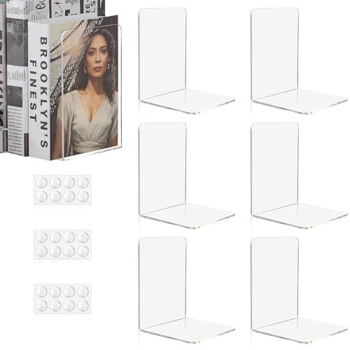 Aurinovellia 6 Stück Transparent Buchstützen, Acryl-Buchstützen für Regale | 24 Stück Rutschsicher-Pads, 3mm verdickt Stück Rutschfester Klarer Buchständer, für Schlafzimmer Bibliothek Büro 10x10x13cm