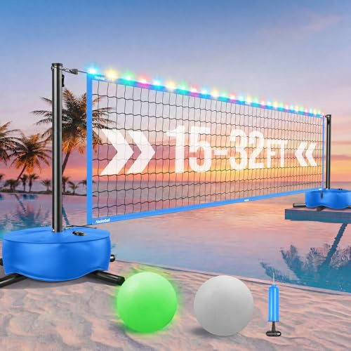 Haokelball Rete da pallavolo da piscina con luce, set da pallavolo da 4,5 a 9,5 m, lunghezza regolabile, rete da pallavolo per piscina con base ponderata, 2 palline da pallavolo Glow e pompa per