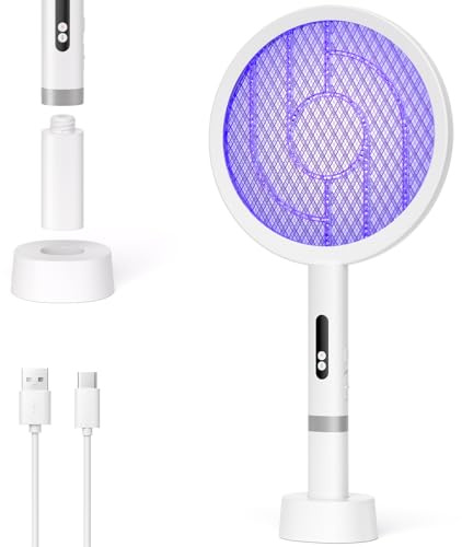YISSVIC Electric Fly Swatter Mosquito Racket Bug Zapper, USB-C Rechargeable with Charging Base, 3-Layer Safety Mesh & Detachable Handle for Indoor Outdoor Camping Travel