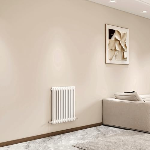 Horizontal 2 Column Cast Iron Radiator, 600x605mm Gloss White Designer Bathroom Rads,Wall Mounted Column Radiator for Bedroom/Office, Traditional Central Heating Heater Rad, Hall Radiator
