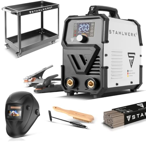 STAHLWERK Elektroden-Schweißgerät ARC 200 Synergic Pro Digital bis 200 A | Vollausstattung mit Gerätewagen, MMA (E-Hand), Schweißen ohne Schutzgas, Lift-TIG Inverter, Hotstart, Antistick-Funktion