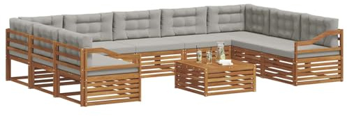 vidaXL Sofagarnituren 10 pcs Natürlich und Hellgrau Massivholz Akazie, Moderner Garten-Sofa, Outdoor-Sitzgruppe, Lounge-Set für die Terrasse, bequem und robust