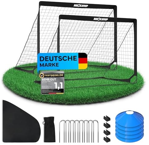 NEOLYMP Fußballtor Kinder Set – Faltbare Tore für Garten & Outdoor – Robuste 9 mm Fiberglas-Stangen – Mit Hütchen, Karabinern, Indoor-Füße & Tragetasche – Fußball-Training - Fußball Trainingszubehör