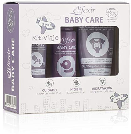 Elifexir Baby Care. Babypflege. Reisehygieneset. Hautpflege für Babys. Mini-Größe. Feuchtigkeitsspendende Körpermilch + Shampoo-Gel für Babys + Schützende Windelcreme | 125ml