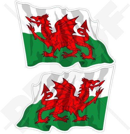 WALES Walisch Wehende Flagge, Fahne CYMRU Großbritannien UK 75mm Auto & Motorrad Aufkleber, x2 Vinyl Stickers (Links - Rechts)
