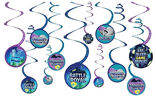 Amscan 6702412 - Kids Battle Royal Gamers Birthday Hanging Swirls Decorations - 12 Pack