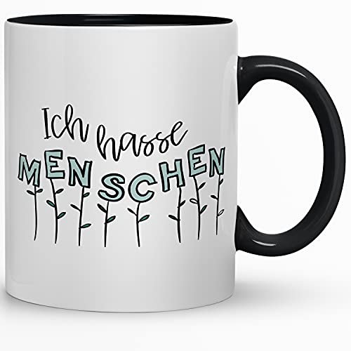 Kaffeebecher24 Ich hasse Menschen Tasse mit Spruch - Spülmaschinenfest - Made in Germany, 330 ml (Blumen schwarz)