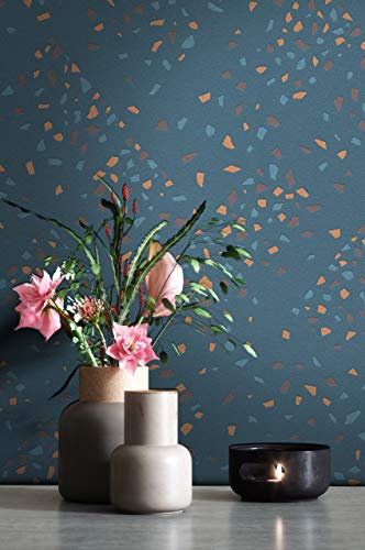 NEWROOM Tapete Blau Vliestapete Leicht Glänzend - Mustertapete Modern Braun Petrol Konfetti Sprinkles Metalic Grafisch Konfettioptik 50er Art inkl. Tapezier-Ratgeber