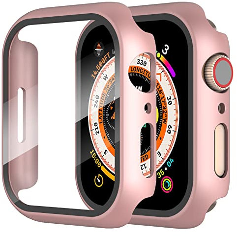 Diruite 2-Stück Hülle für Apple Watch Series 6/5/4/SE 44mm Hartglas Schutzhülle Hard PC Ultradünne Glas Schutz Case Rundum Displayschutz RoséGold,44mm