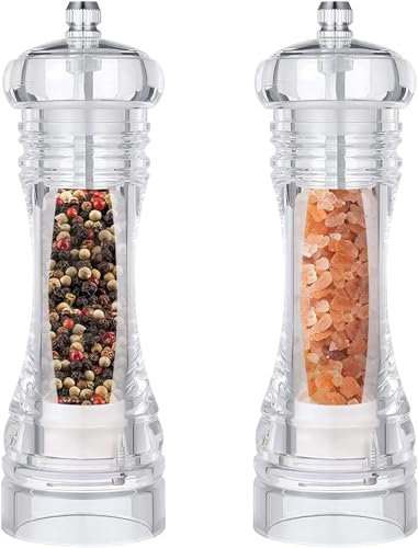 KAMEUN Salz und Pfeffermühle Transparent Acrylmühle, 2er Set Gewürzmühle Salzmühle Manuell mit Keramikmahlwerk für Gewürze, Salz, Pfeffer, 16cm/6.3in