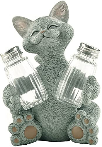 Skurriles Salz- und Pfefferstreuer, graue Katze, dekoratives Sammlerstück – Happy Cat Collection Katzenliebhaber Geschenke für Frauen, Männer, Küchentischdekoration, niedliche Katzengeschenke