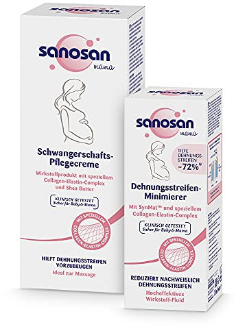 sanosan Schwangerschaftscreme & Dehnungsstreifen Minimierer - Set beugt und behandelt Dehnungsstreifen & Schwangerschaftsstreifen vor - Schwangerschafts Creme klinisch getestet