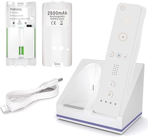 Wii Remote Charger, 2 in 1 Charging Station Charger Dock with 2 Pack 2800mAh Rechargeable Battery Fit for Wii/Wii U Remote Controller